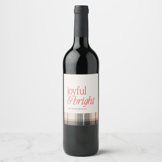Joyful & Bright Cozy Winter Plaid Holiday  Wine Label (Front)