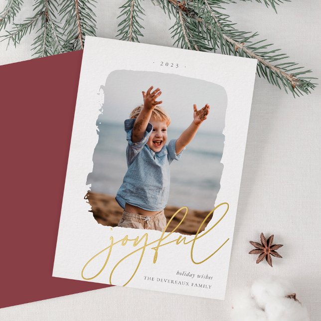Joyful Brushed Signature | Photo Gold Foil Holiday Card (Creator Uploaded)