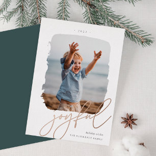 Joyful Brushed Signature Photo Rose Gold Foil Holiday Card
