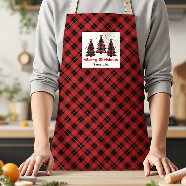 Joyful Buffalo Plaid Tree Custom Name Xmas Kitchen Apron (Joyful Buffalo Plaid Tree Custom Name Xmas Kitchen Apron)