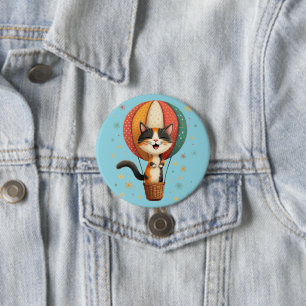 Joyful Calico Cat Sky Adventure Illustration 3 Inch Round Button