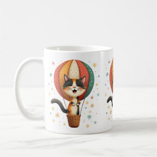 Joyful Calico Cat Sky Adventure Illustration Coffee Mug