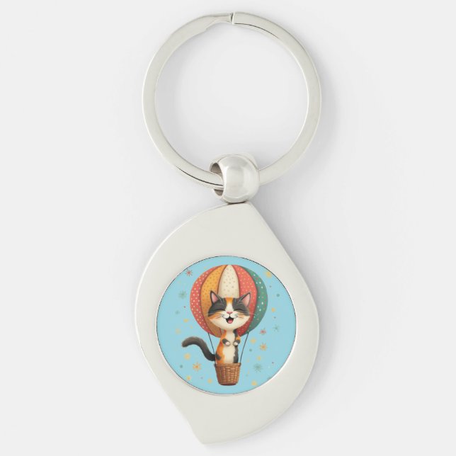 Joyful Calico Cat Sky Adventure Illustration Keychain (Front)
