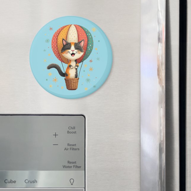Joyful Calico Cat Sky Adventure Illustration Magnet (In Situ (Fridge))