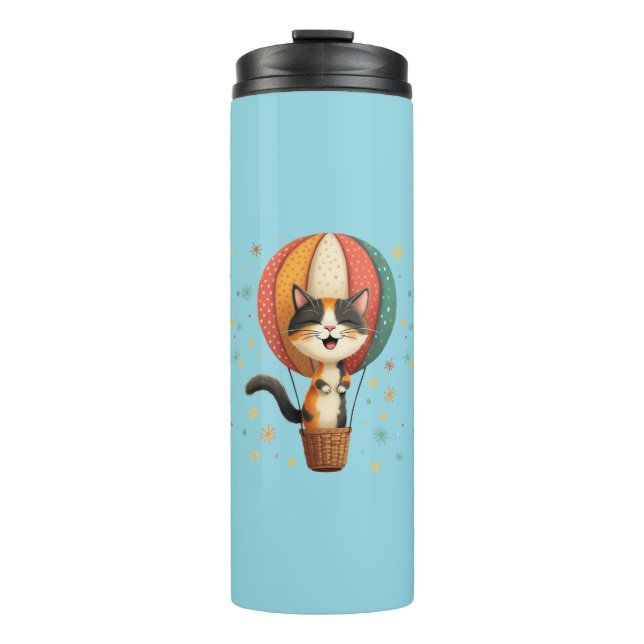 Joyful Calico Cat Sky Adventure Illustration Thermal Tumbler (Front)