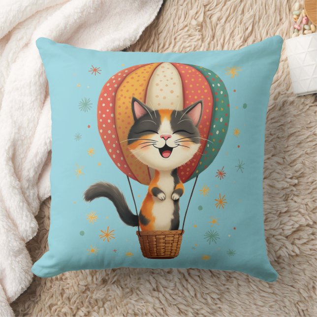 Joyful Calico Cat Sky Adventure Illustration Throw Pillow (Blanket)