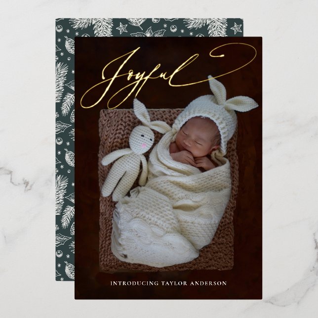 Joyful Calligraphy Holiday Foil Birth Announcement (Front/Back)