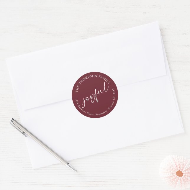 Joyful Calligraphy Return Name Address Burgundy Classic Round Sticker (Envelope)