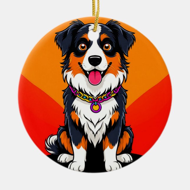Joyful Cartoon Dog Illustration Ceramic Ornament (Front)