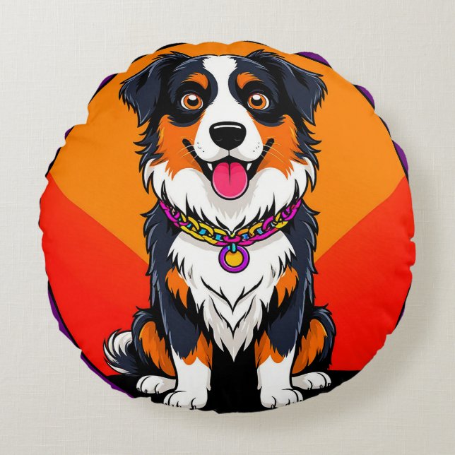 Joyful Cartoon Dog Illustration Round Pillow (Front)