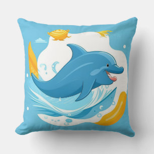 Joyful Cartoon Dolphin Swimming in Blue Water Throw Pillow