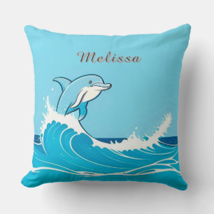 Joyful Cartoon Dolphin Swimming in Blue Water Throw Pillow