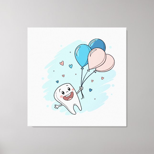 Joyful Cartoon Tooth with Balloons – Dental Health Canvas Print (Front)