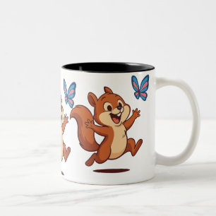 Joyful Chase – Happy Squirrel & Butterfly Two-Tone Coffee Mug