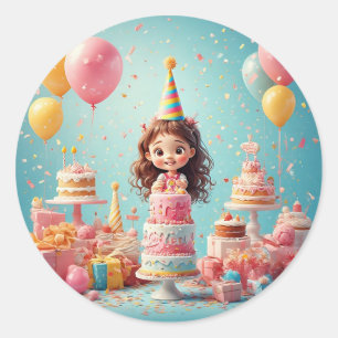Joyful Child Celebrating Birthday with Cake Classic Round Sticker