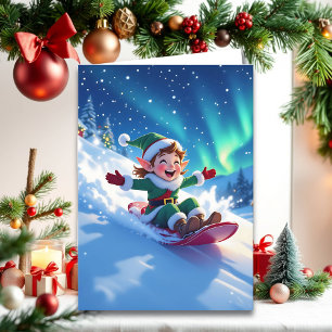 Joyful Christmas Elf Sledding Personalize Card