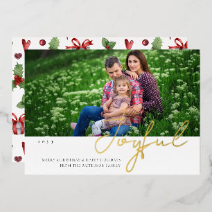 Joyful Christmas Family Photo Modern Foil Script Holiday Card