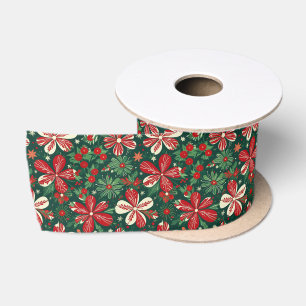 Joyful Christmas Flowers and Stars Satin Ribbon