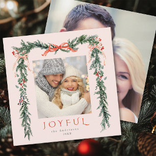 Joyful Christmas Frame 2 Photo Blush Pink Square Holiday Card