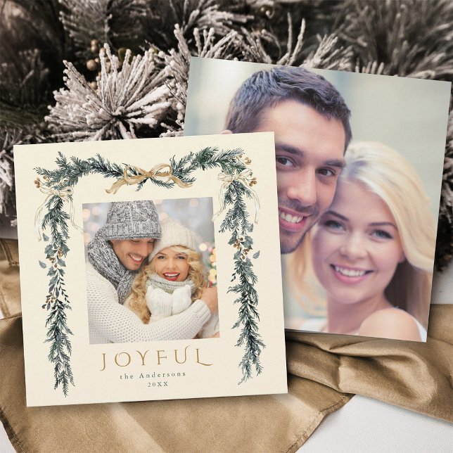 Joyful Christmas Frame 2 Photo Ivory Square  Holiday Card (Front & Back)