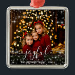 Joyful Christmas Fun Sparkles Holiday Photo Metal Ornament<br><div class="desc">This beautiful Christmas ornament features a fun design with sparkles or stars overlaid on top of your photo. The caption reads Joyful, and there is space for your name and the date. Simple, elegant, whimsical and stylish, this is a great way to send holiday cheer or purchase as a family...</div>