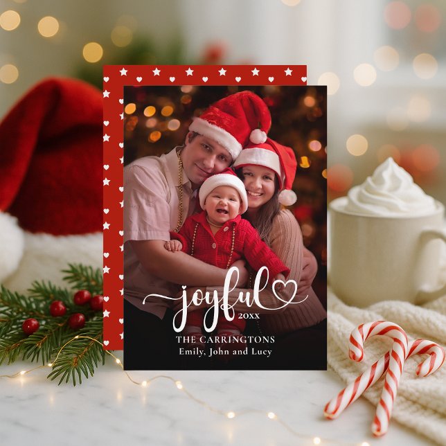 Joyful Christmas Holiday Photo Card (Joyful Custom Photo Holiday Christmas Card with Names, Date, Red and White Stars and Hearts.)