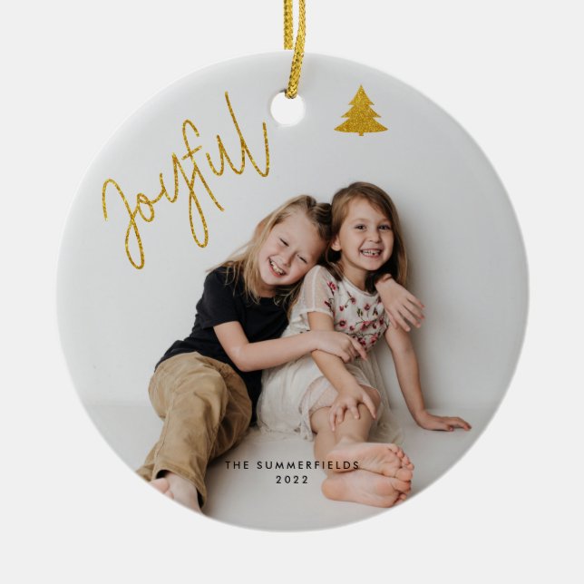 Joyful Christmas Holiday Script Photos Grandma Ceramic Ornament (Front)
