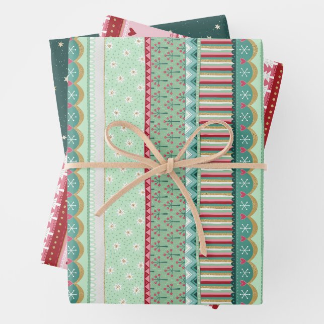 Joyful Christmas Pattern Set of Three Wrapping Paper Sheet (In situ)
