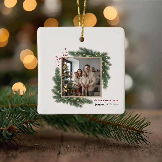 Joyful Christmas Personalized Family Photo  Ceramic Ornament (Creator Uploaded)