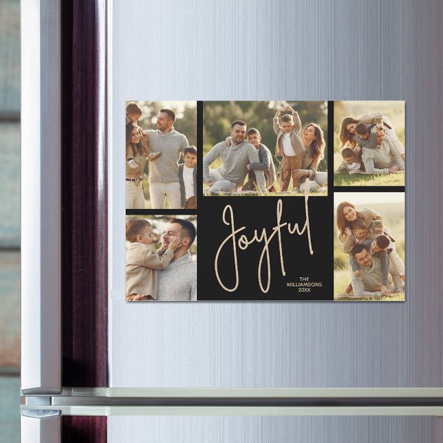 JOYFUL Christmas Photo Collage Magnetic Cards (JOYFUL script on black Christmas photo collage holiday magnetic cards)