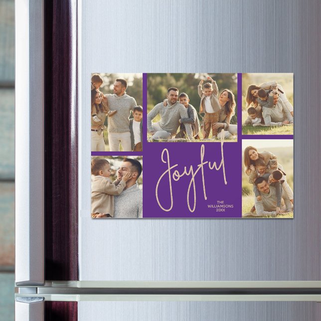 JOYFUL Christmas Photo Collage Magnetic Cards (JOYFUL script on purple Christmas photo collage holiday magnetic cards)