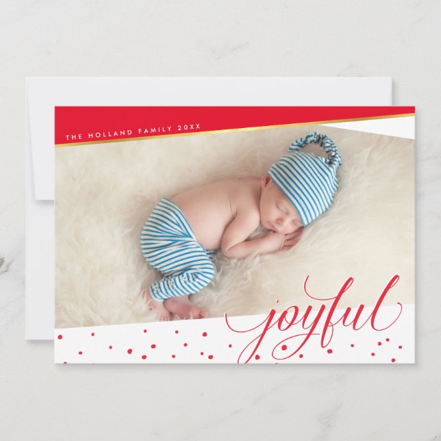 JOYFUL CHRISTMAS PHOTO modern calligraphy red gold Holiday Card (Front)
