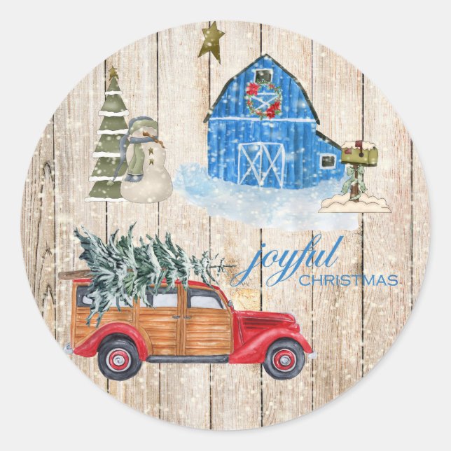 JOYFUL CHRISTMAS - Rustic Country Holiday Scene Classic Round Sticker (Front)