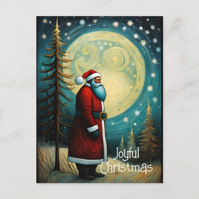 Joyful Christmas Santa Claus Full Moon Tree Holiday Postcard (Front)