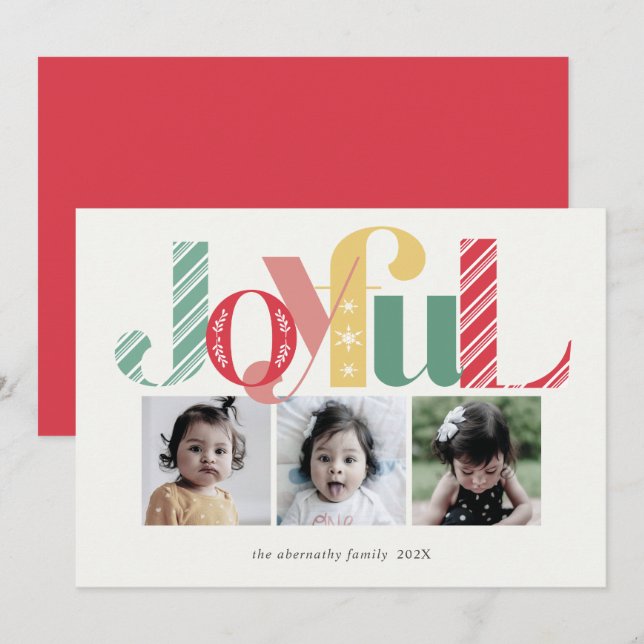 Joyful Christmas Three Photo Bright Colours Holiday Card (Front/Back)