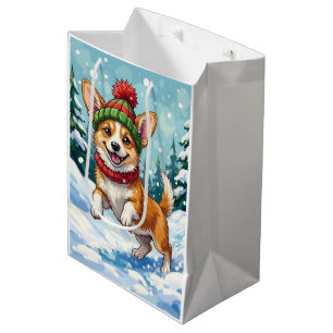 Joyful Corgi Dog Bouncing in Snow with Pom Pom Medium Gift Bag