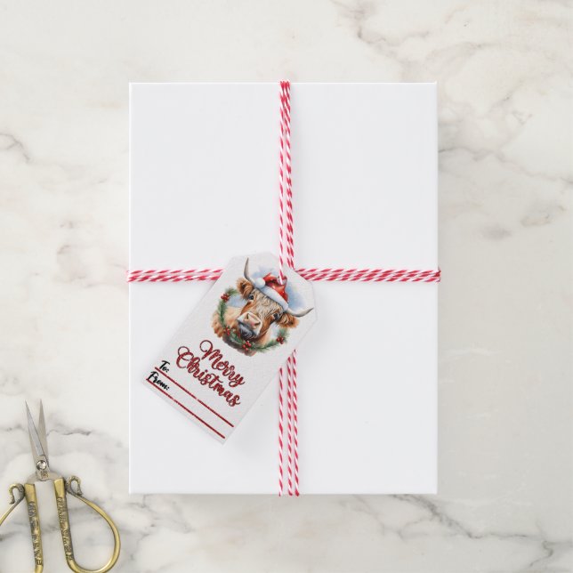 Joyful cow in hat Christmas tag (With Twine)