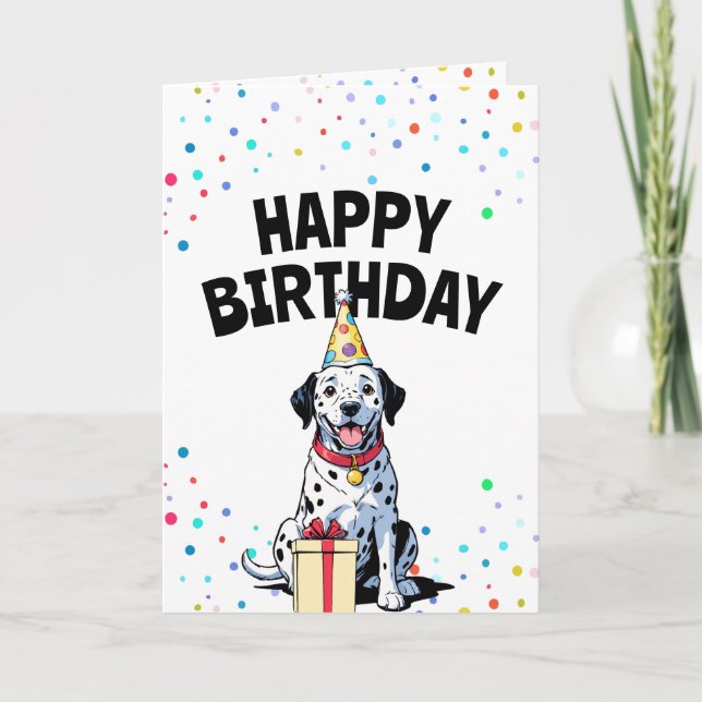 Joyful Dalmatian Dog with Gift Box Birthday Card (Front)