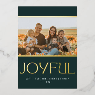Joyful Dark Pine Green and Gold Photo Foil Holiday Card