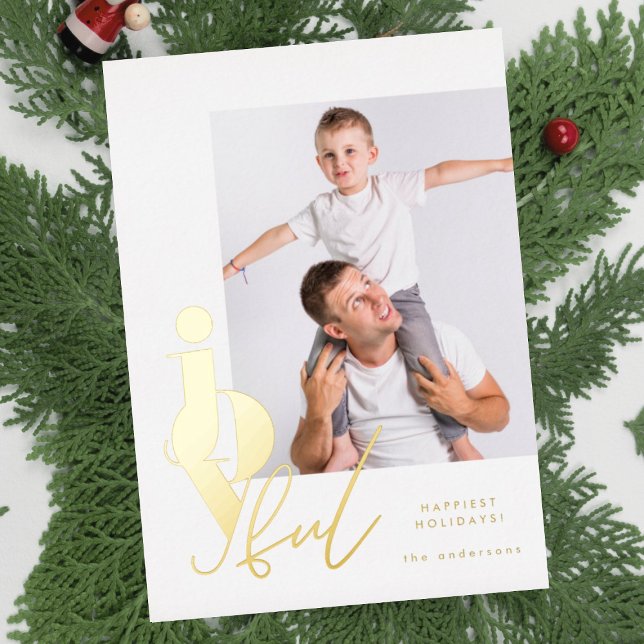 JOYFUL | designer script multi photo modern Foil Holiday Card (Creator Uploaded)