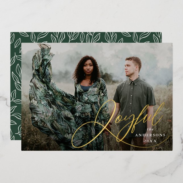 Joyful Elegance Script Photo Foil Holiday Card (Front/Back)