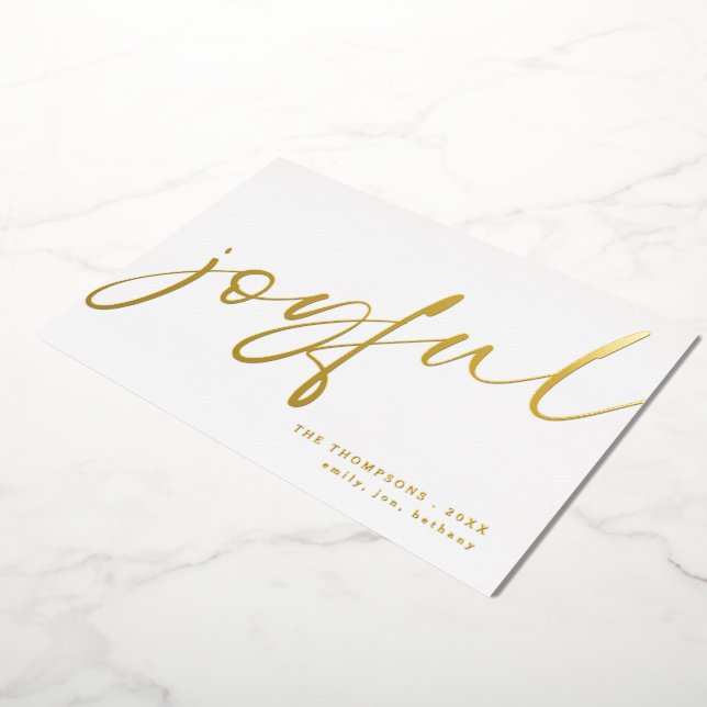 Joyful Elegant Calligraphy Name Christmas White Foil Holiday Card (Rotated)