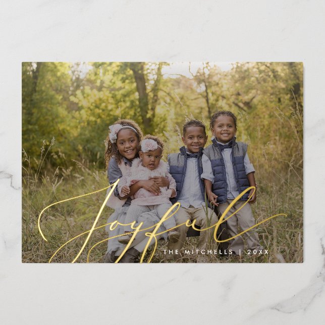 Joyful Elegant Calligraphy Overlay Photo Foil Holiday Card (Front)