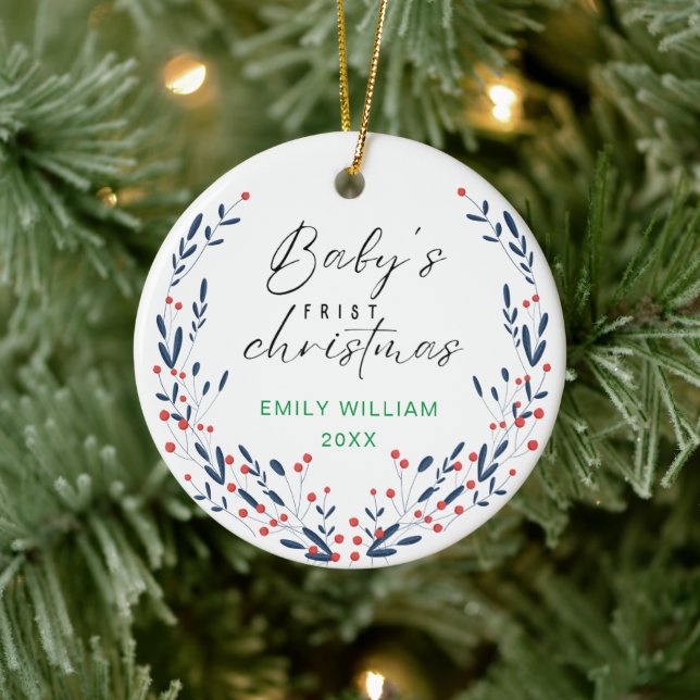 Joyful Elegant Floral Baby's Frist Christmas  Ceramic Ornament (Tree)