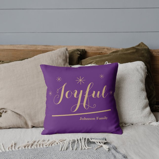 Joyful Elegant Personalized Family Name Purple Throw Pillow (Celebrate a little Christmas Joy with these cheerful purple gold throw pillows.)