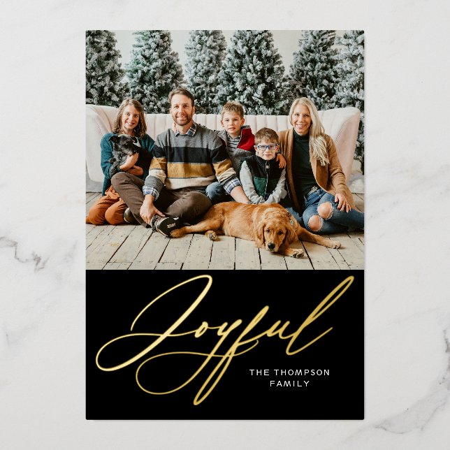 Joyful Elegant Personalized Gold Black Photo Foil Holiday Card (Front)