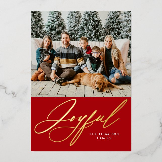 Joyful Elegant Personalized Gold Red Photo Foil Holiday Card (Front)