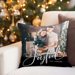 Joyful   Elegant Script and Photo Christmas Black Throw Pillow
