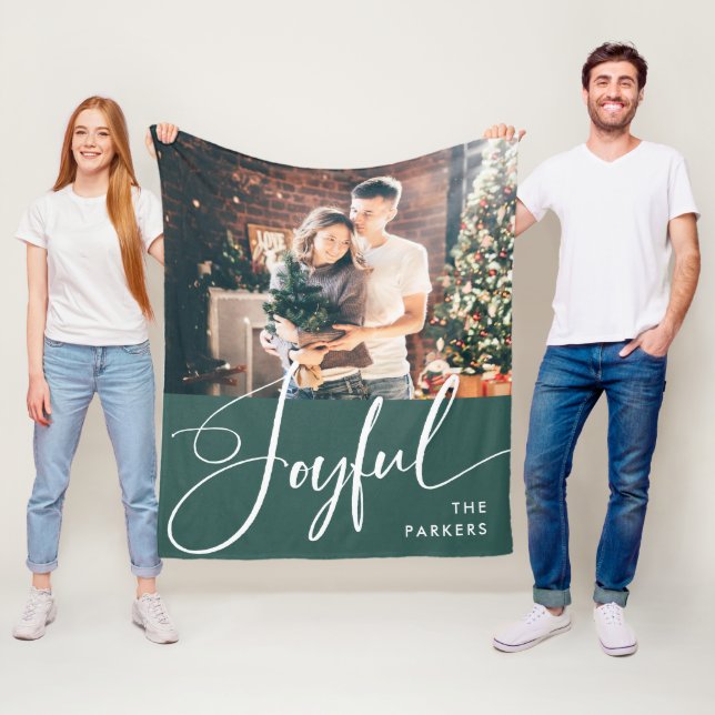 Joyful | Elegant Script and Photo Christmas Fleece Blanket (In Situ)