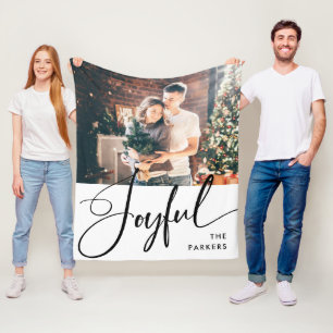 Joyful   Elegant Script and Photo Christmas Fleece Blanket